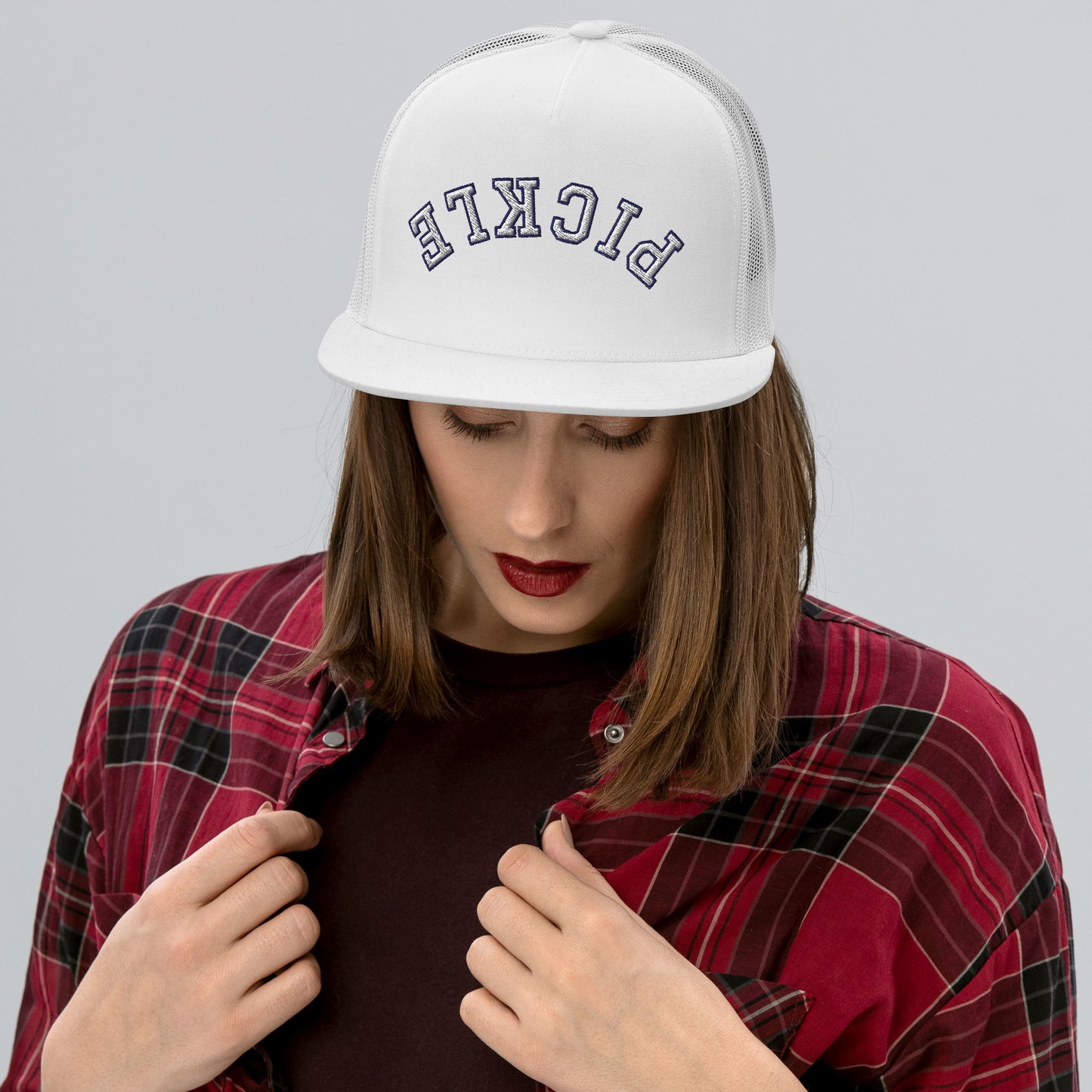 Upside Down Pickle Embroidered Trucker Hat - White Letters/Navy Outline