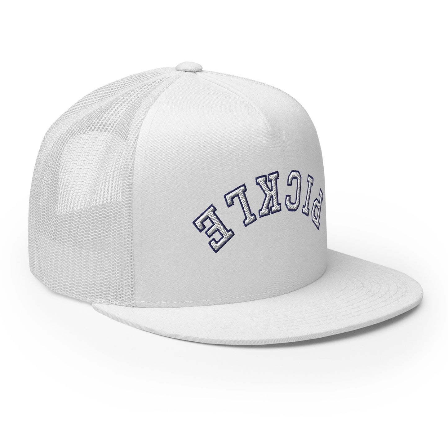 Upside Down Pickle Embroidered Trucker Hat - White Letters/Navy Outline