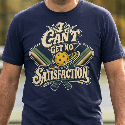 A navy blue graphic pickleball t-shirt with the text 'I CAN'T GET NO SATISFACTION' and crossed pickleball paddles