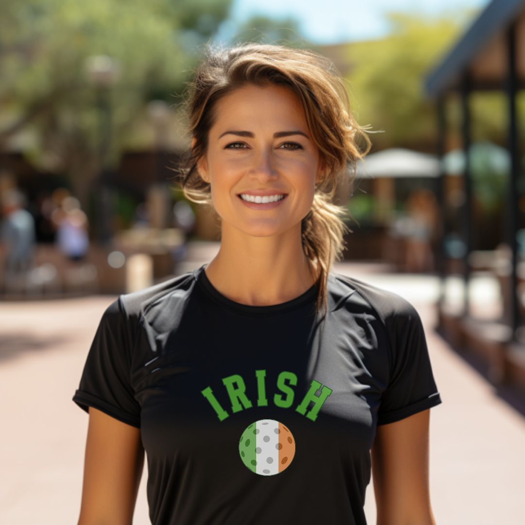 woman in an Irish Pickleball t-shirt