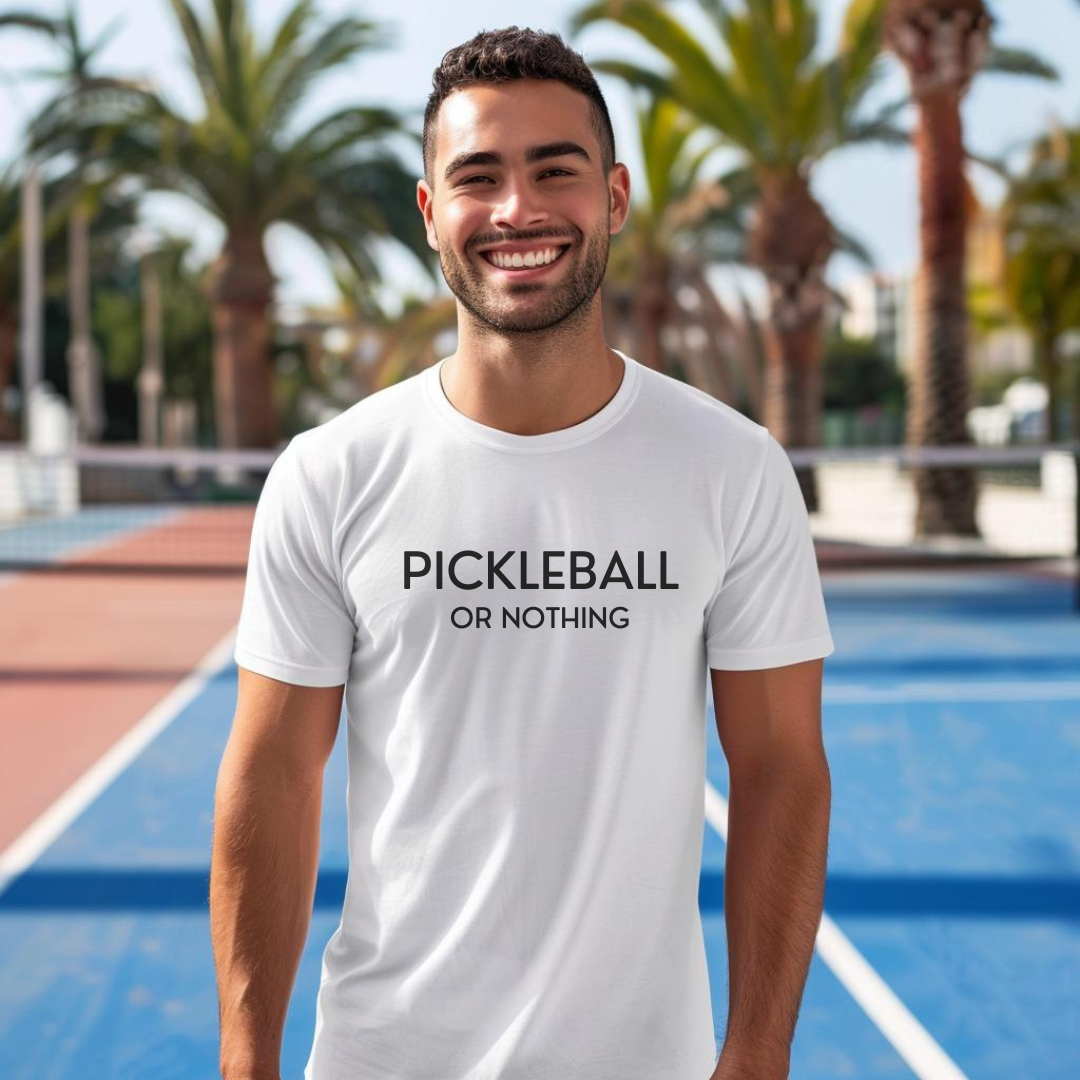 man in a white pickleball or nothing pickleball tee