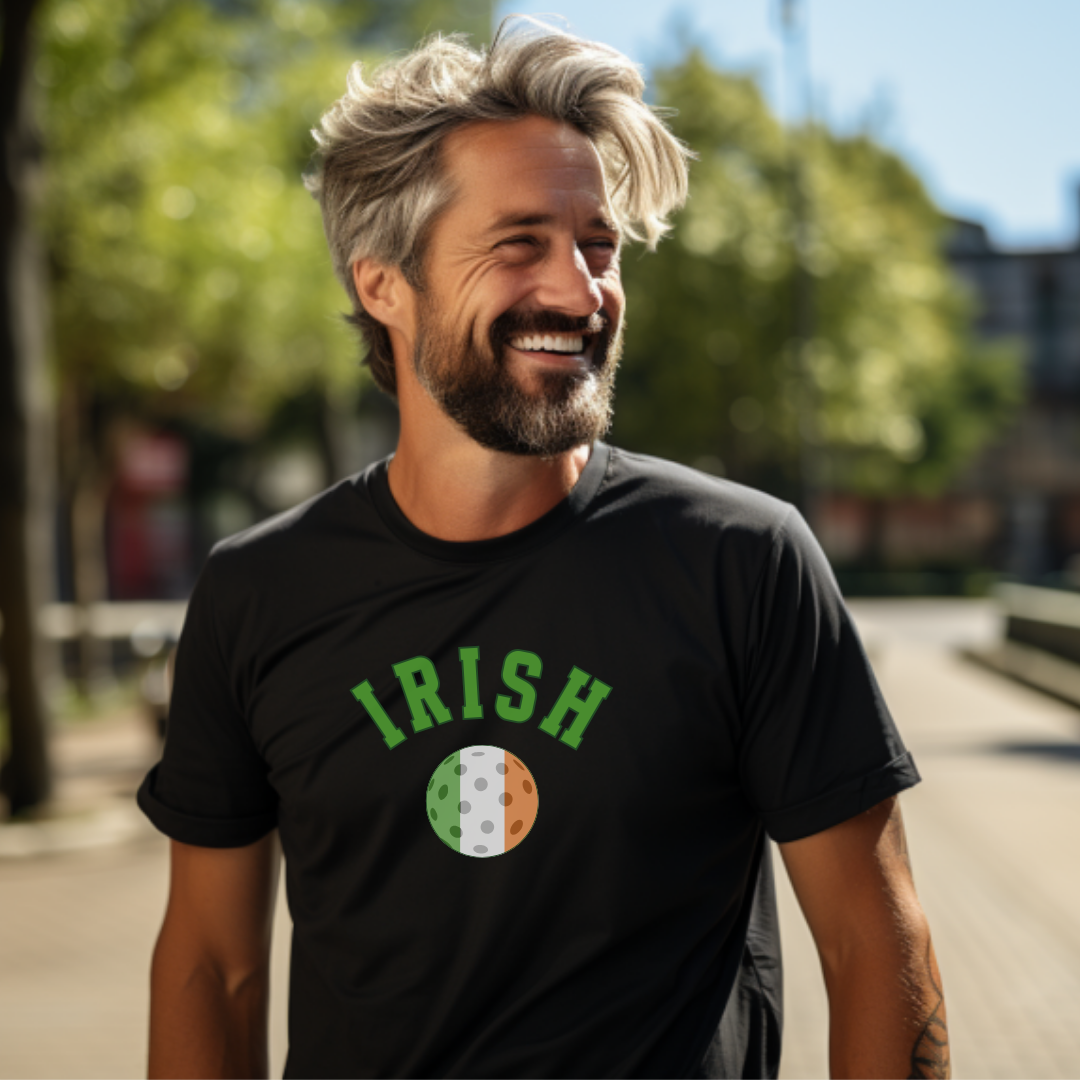 man in an Irish Pickleball t-shirt