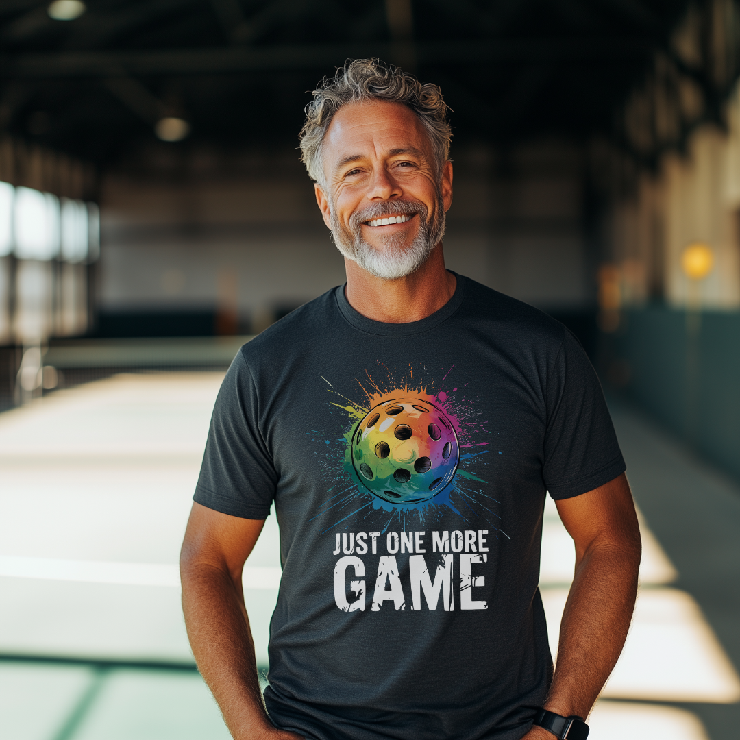 man wearing a black one more game pickleball tee