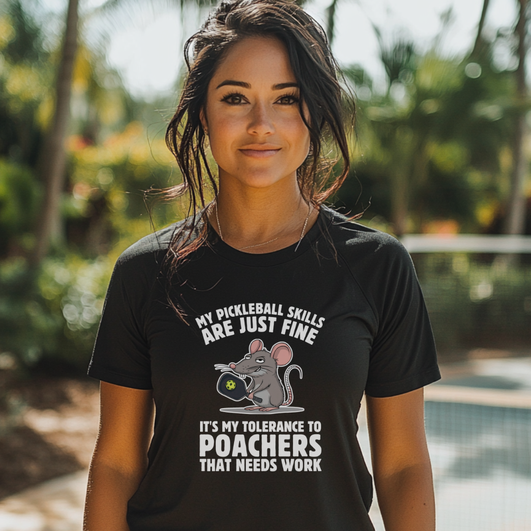 woman wearing a black cotton pickleball tee