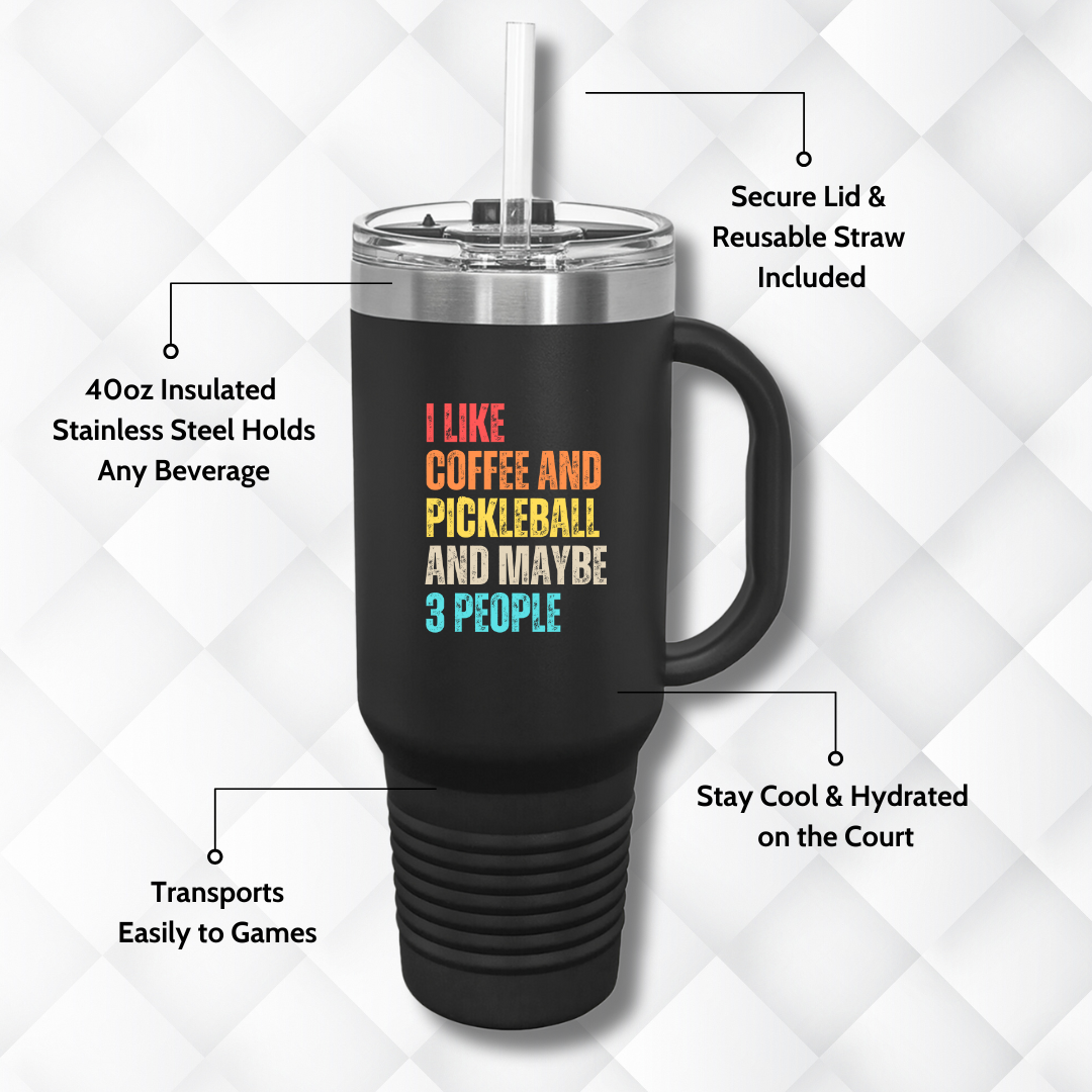 a white 40 oz insulated tumbler with handle, lid, and straw that says pickleball social club