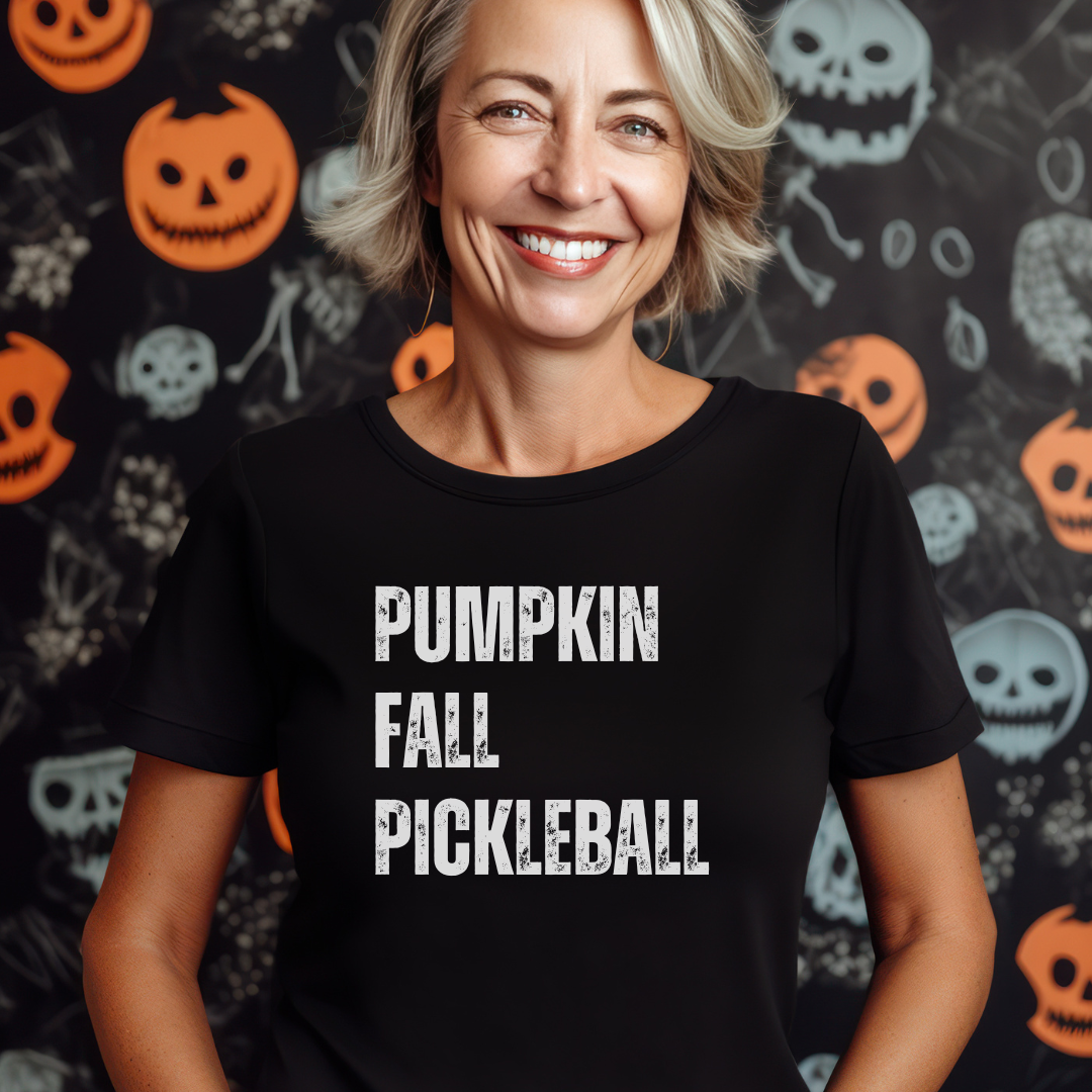 woman wearing pumpkin fall pickleball t-shirt