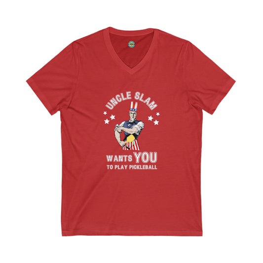 Uncle Slam Wants You to Play Pickleball Unisex V-neck Tee