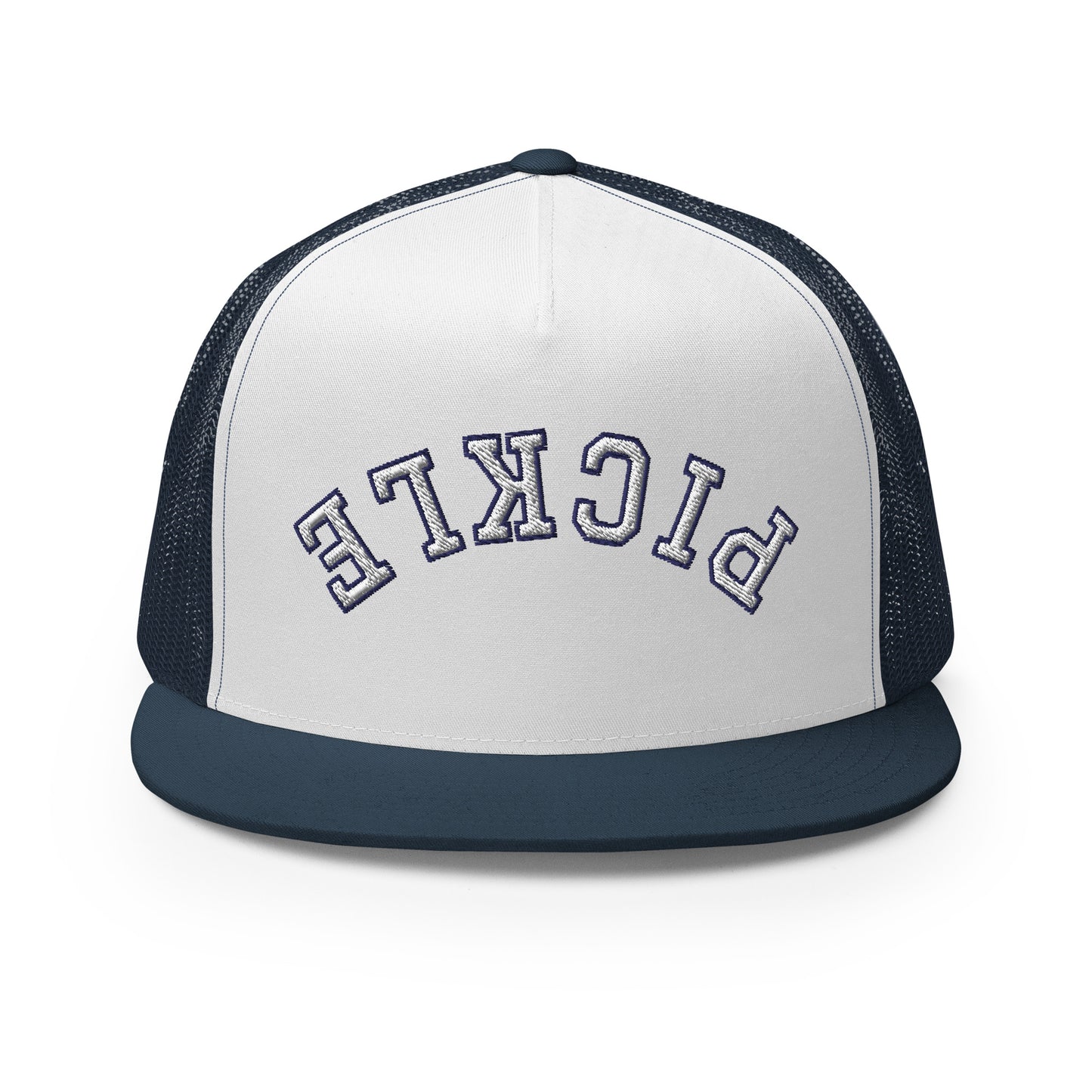Upside Down Pickle Embroidered Trucker Hat - White Letters/Navy Outline