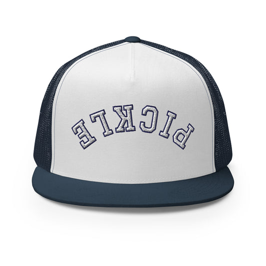 Upside Down Pickle Embroidered Trucker Hat - White Letters/Navy Outline