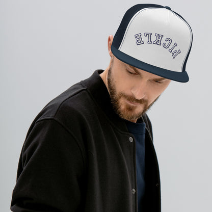 Upside Down Pickle Embroidered Trucker Hat - White Letters/Navy Outline
