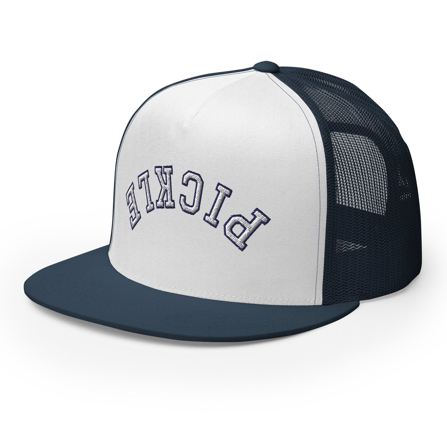 Upside Down Pickle Embroidered Trucker Hat - White Letters/Navy Outline