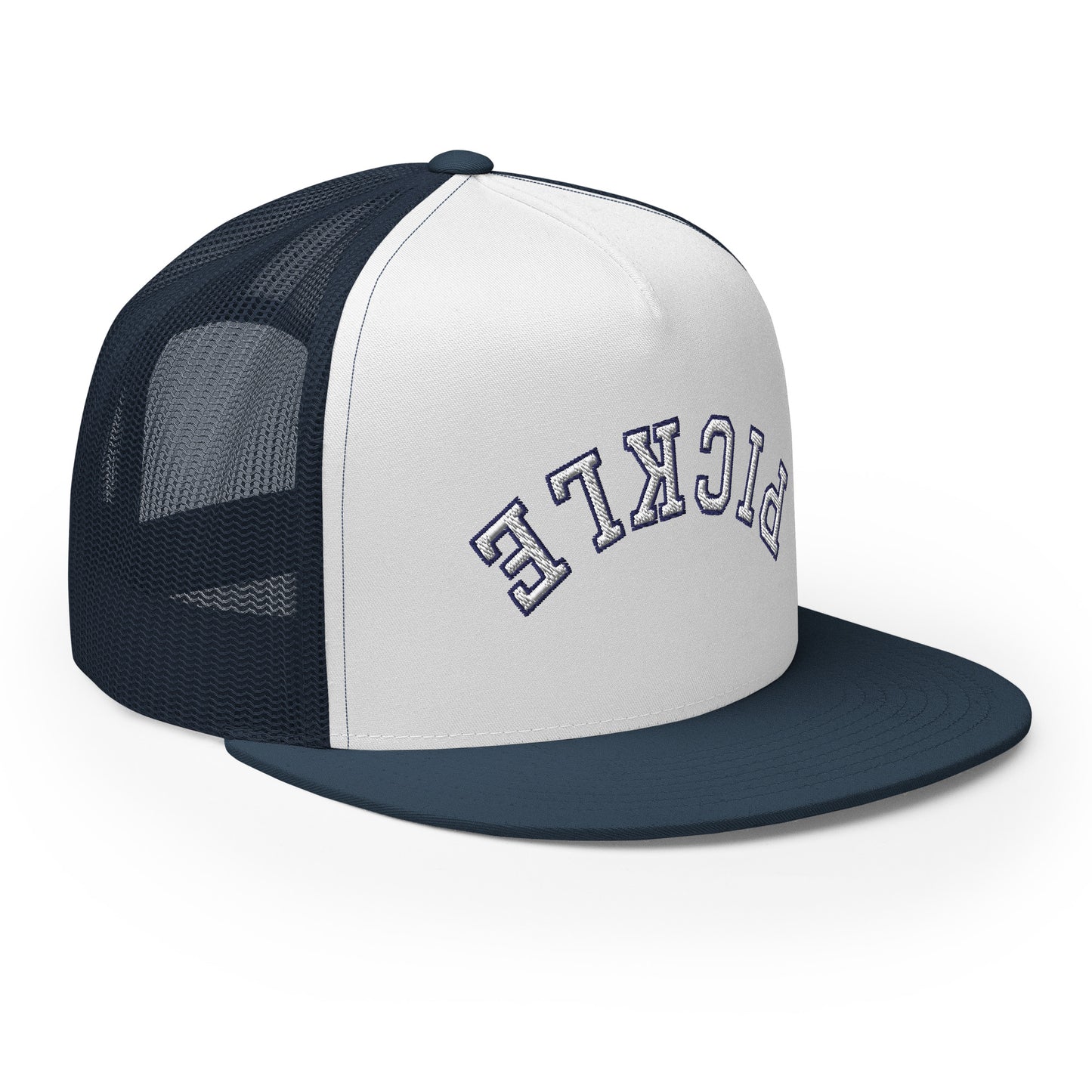 Upside Down Pickle Embroidered Trucker Hat - White Letters/Navy Outline