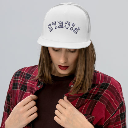 Upside Down Pickle Embroidered Trucker Hat - White Letters/Navy Outline