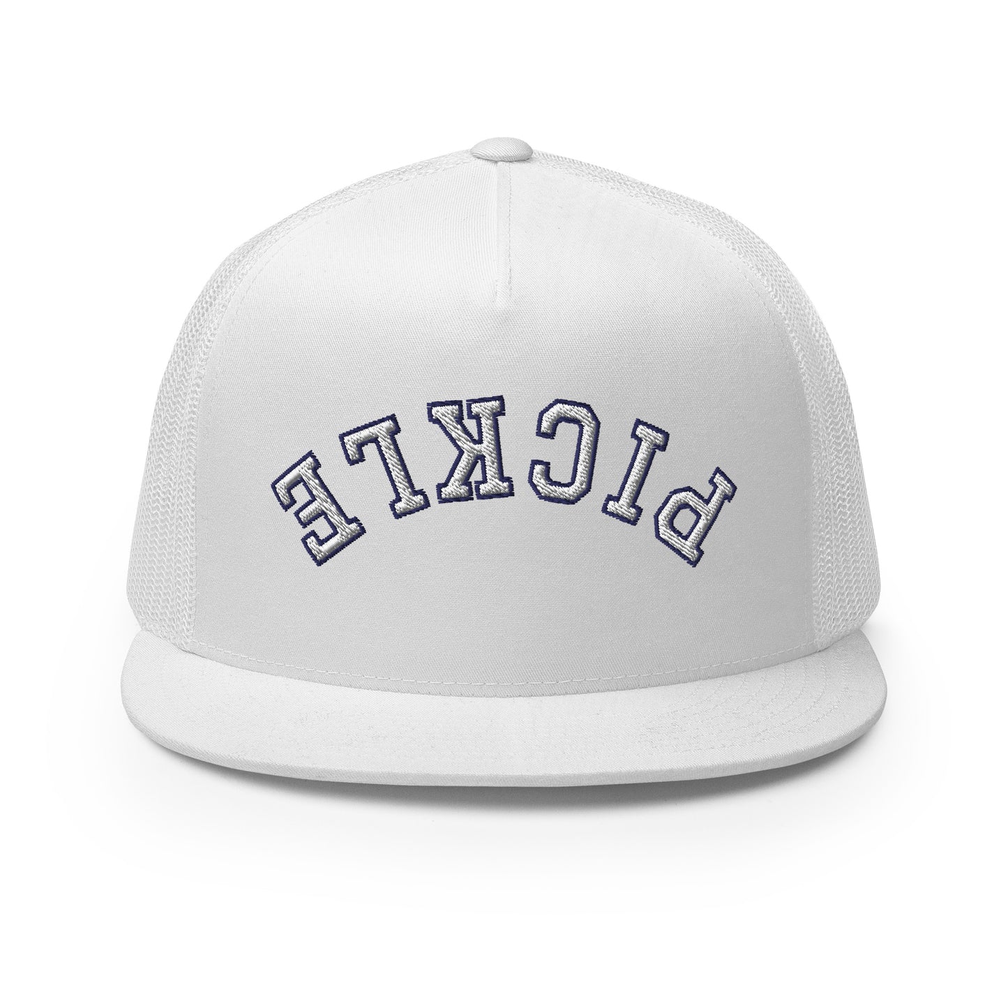 Upside Down Pickle Embroidered Trucker Hat - White Letters/Navy Outline