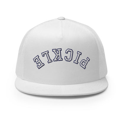 Upside Down Pickle Embroidered Trucker Hat - White Letters/Navy Outline