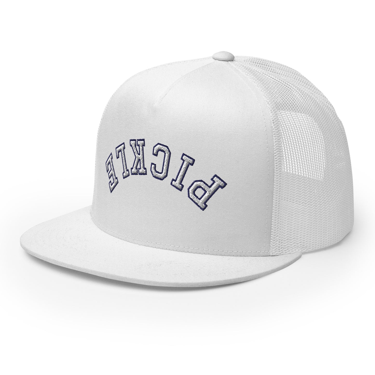Upside Down Pickle Embroidered Trucker Hat - White Letters/Navy Outline