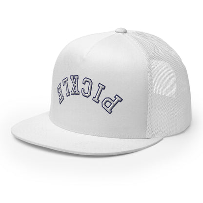 Upside Down Pickle Embroidered Trucker Hat - White Letters/Navy Outline