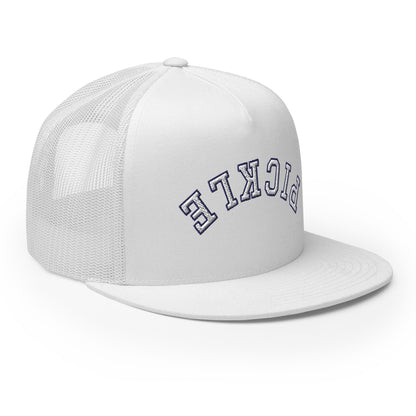 Upside Down Pickle Embroidered Trucker Hat - White Letters/Navy Outline