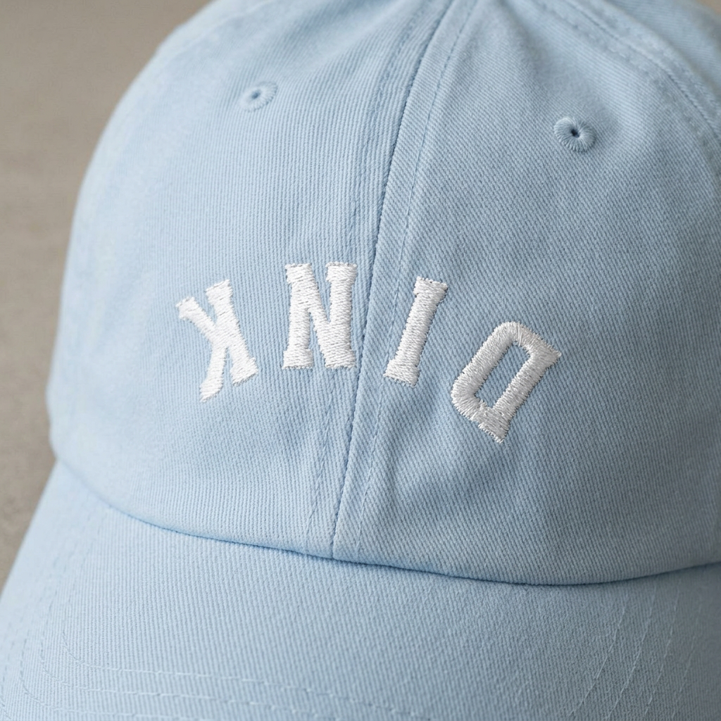 A close-up of a light blue pickleball cap with white embroidered letters spelling upside down DINK on the front panel.
