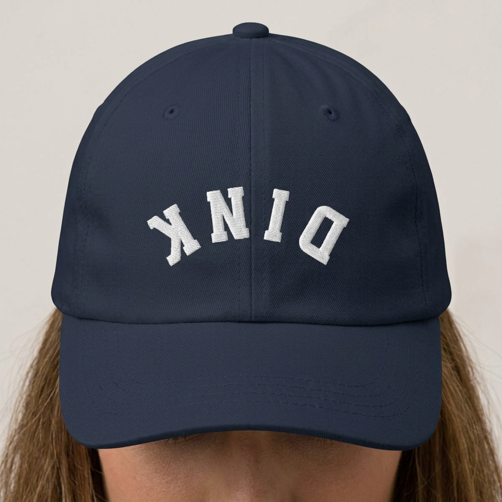 A close-up of a navy blue pickleball cap with white embroidered letters spelling upside down DINK on the front panel.