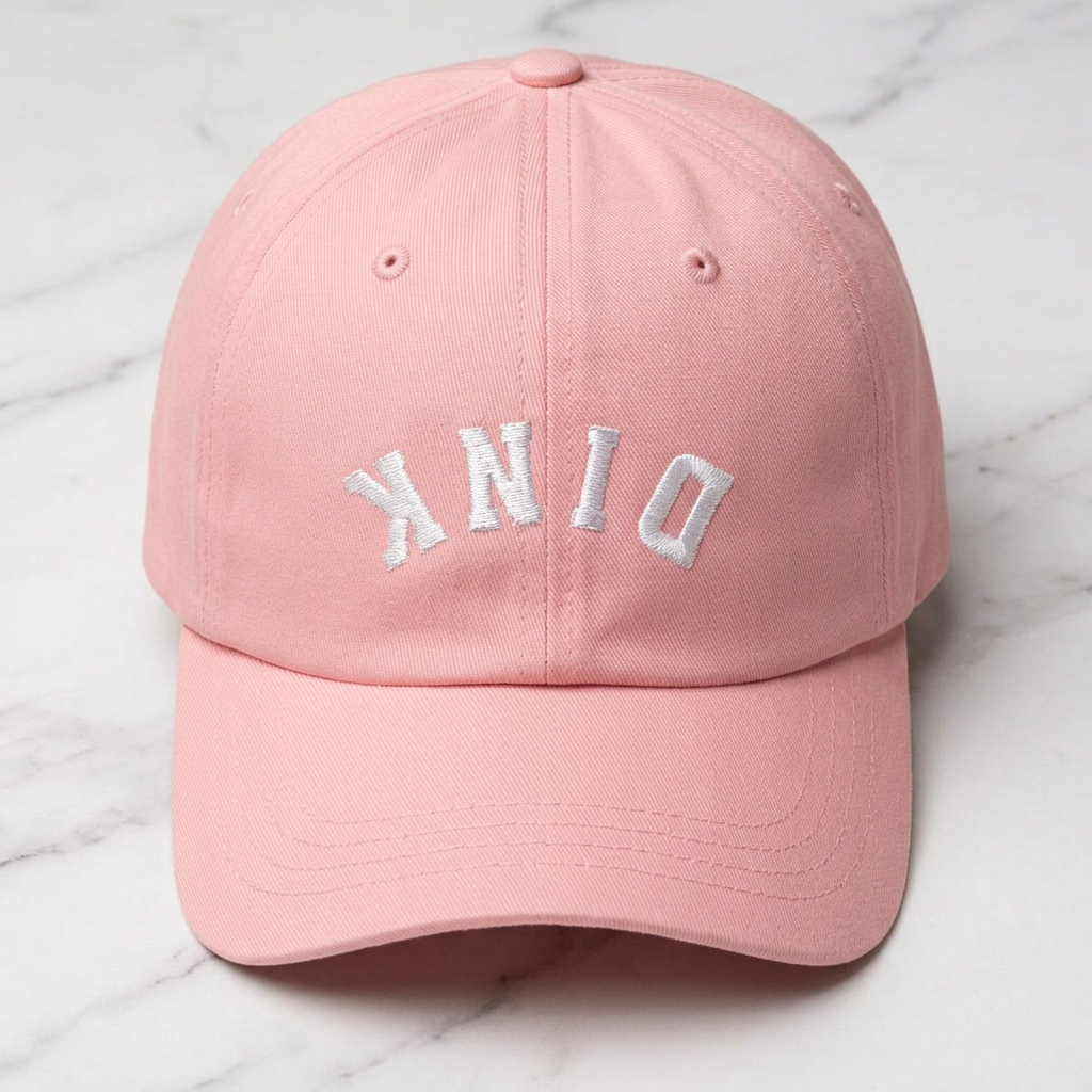 A close-up of a pink pickleball cap with white embroidered letters spelling upside down DINK on the front panel.