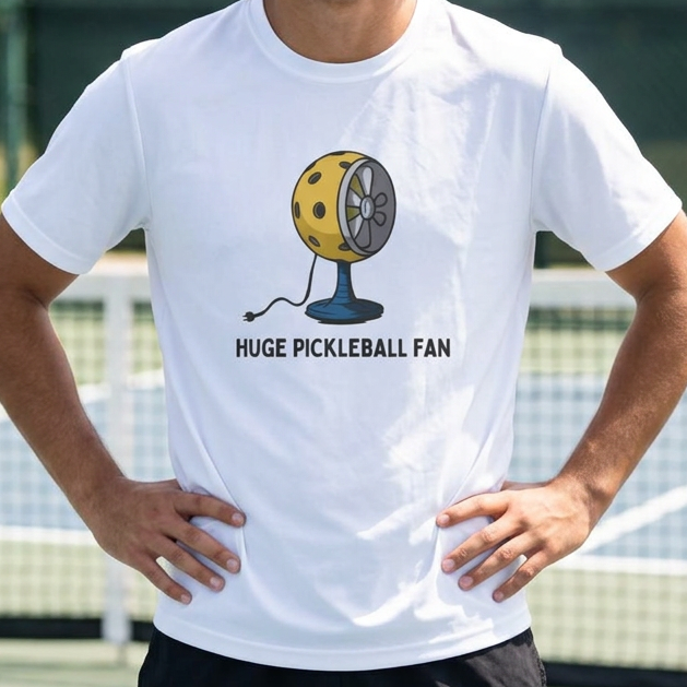 A man standing on a pickleball court wearing a white graphic t-shirt with a yellow pickleball fan design and the text 'HUGE PICKLEBALL FAN'.