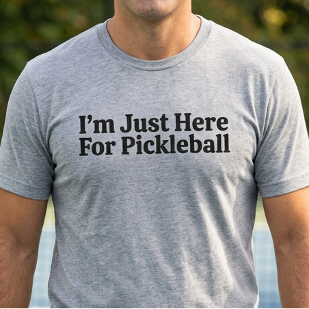 A man standing on an outdoor pickleball court wearing a heather gray t-shirt with the black printed text 'I'm Just Here For Pickleball'.