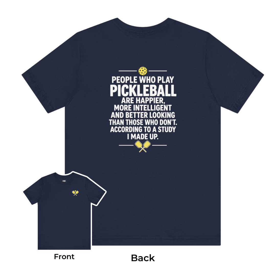 A navy blue short-sleeve pickleball t-shirt shown from the back, with a large white text graphic about pickleball and small yellow accents. A smaller inset at lower left shows the front view with a small yellow chest graphic.