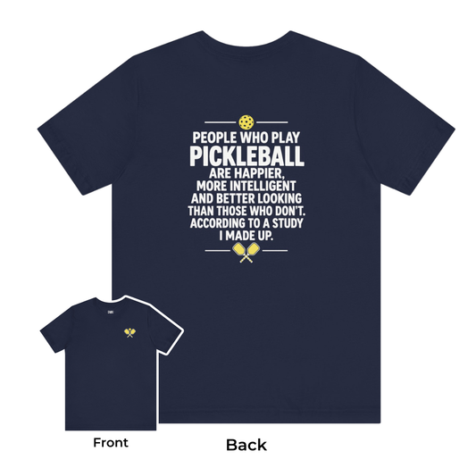 A navy blue short-sleeve pickleball t-shirt shown from the back, with a large white text graphic about pickleball and small yellow accents. A smaller inset at lower left shows the front view with a small yellow chest graphic.
