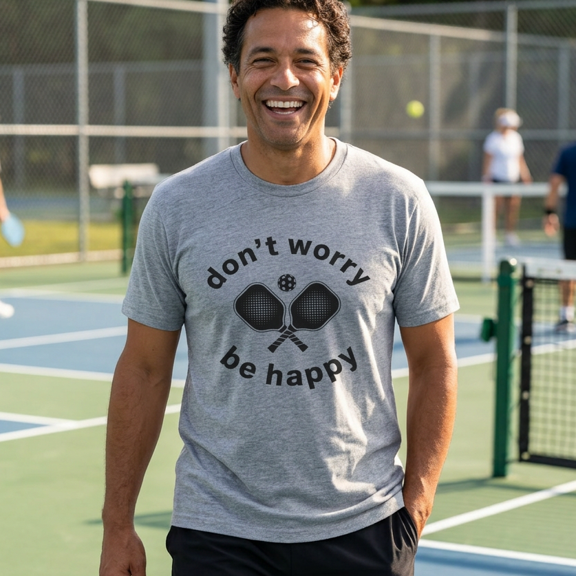 A smiling man on a pickleball court wearing a heather gray t-shirt with a black graphic that reads 'don't worry be happy' around crossed pickleball paddles.  