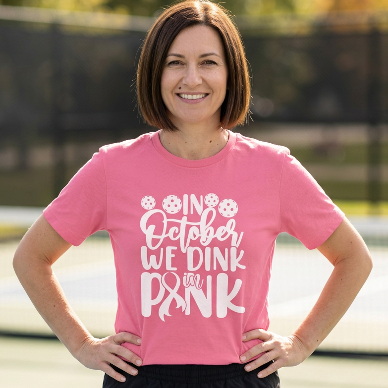 A smiling woman with short brown hair stands on an outdoor pickleball court wearing a pink pickleball t-shirt that reads 'IN October WE DINK IN PINK' in white lettering.