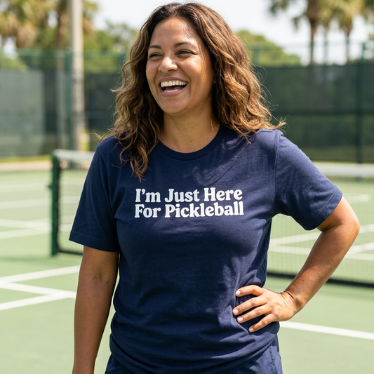 A woman laughing on a pickleball court wearing a navy blue pickleball t-shirt with the white text 'I'm Just Here For Pickleball' and matching navy blue shorts.