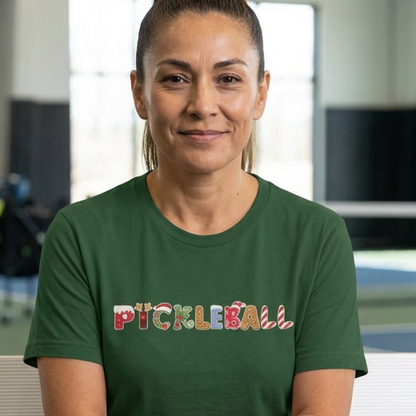 A woman sitting on a white indoor pickleball court bench wearing a green t-shirt with 'PICKLEBALL' printed across the chest in colorful letters, with a pickleball paddle resting on the bench beside her.