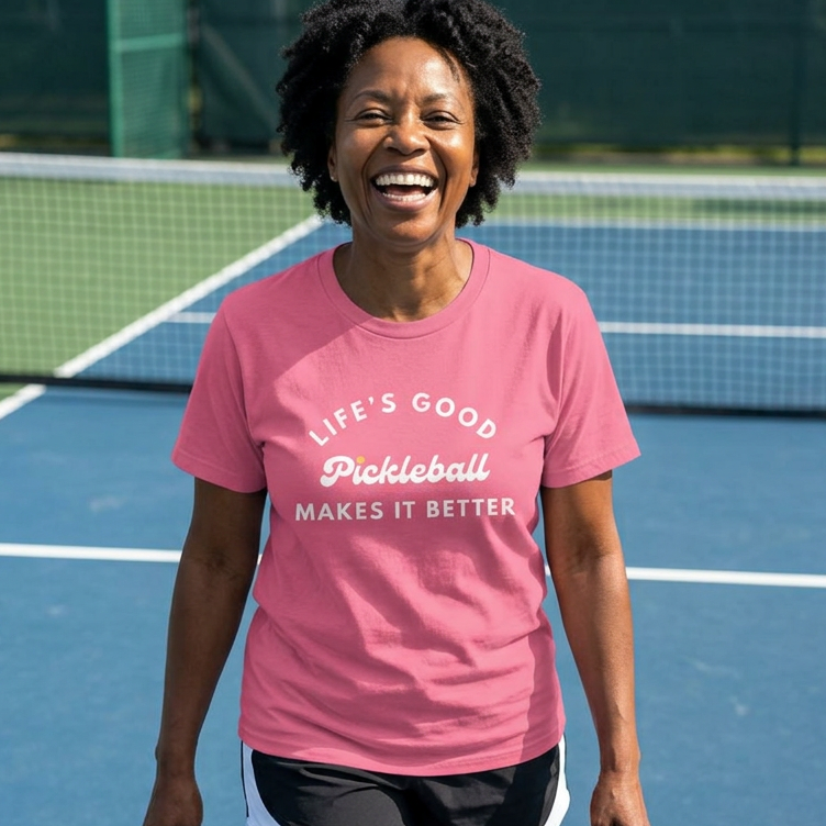A woman smiling on a blue pickleball court wearing a pink pickleball t-shirt that reads 'LIFE'S GOOD Pickleball MAKES IT BETTER' in white text, paired with black and white athletic shorts.