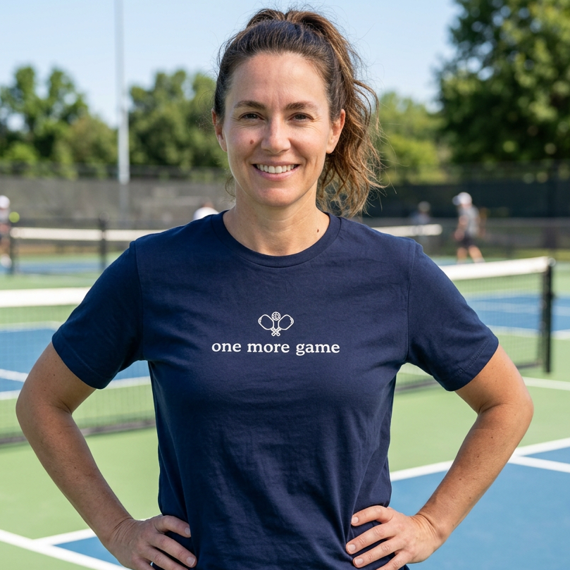 A woman standing on a pickleball court wearing a navy blue t-shirt with a crossed pickleball paddles graphic and the text 'one more game'.