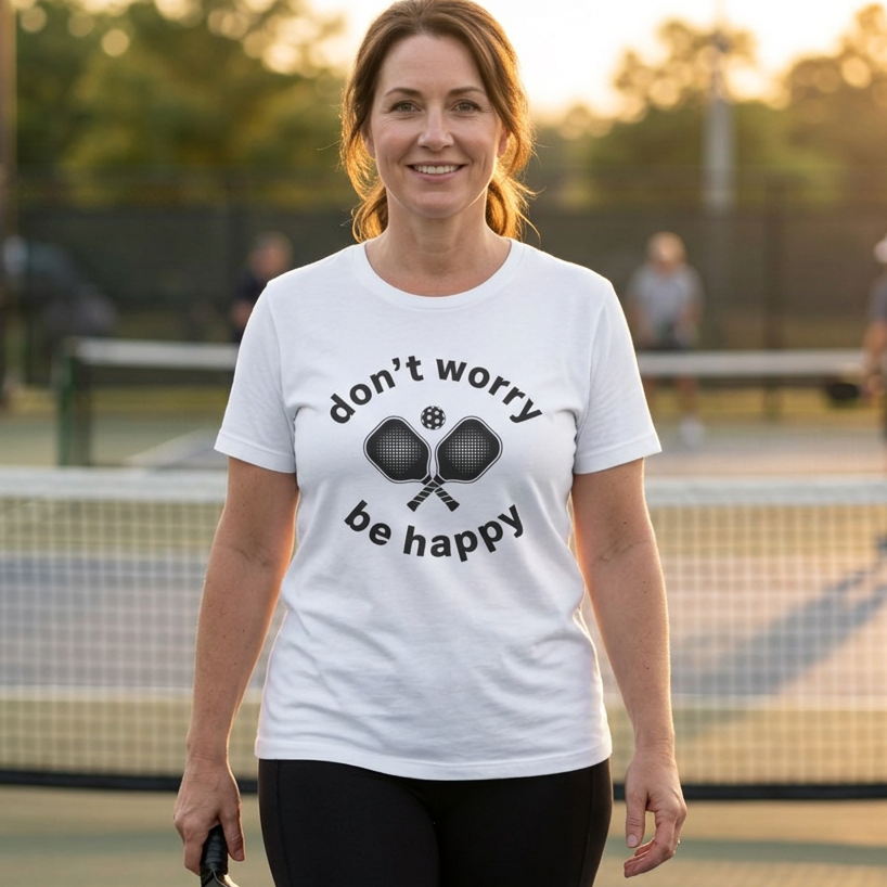 A woman standing on a pickleball court wearing a white pickleball t-shirt with the text 'don't worry be happy' and crossed pickleball paddles