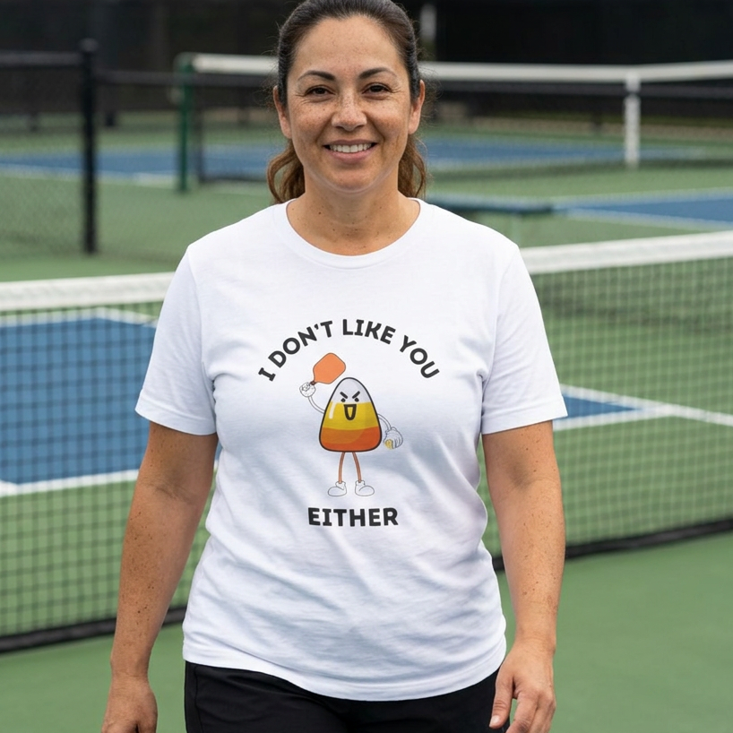 A woman standing on an outdoor pickleball court wearing a white graphic t-shirt with a cartoon pickleball candy corn character and the text 'I DON'T LIKE YOU EITHER'.