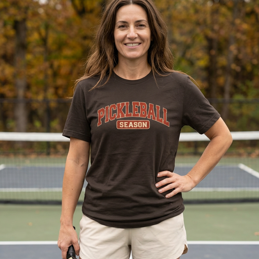A woman stands on a pickleball court wearing a dark brown pickleball t-shirt with the words 'PICKLEBALL SEASON' 