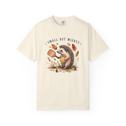 Ivory pickleball t-shirt with hedgehog graphic and 'Small But Mighty' text on a white background