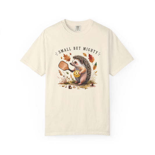 Ivory pickleball t-shirt with hedgehog graphic and 'Small But Mighty' text on a white background