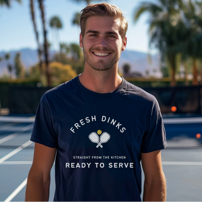 Man wearing a navy blue pickleball t-shirt that says Fresh Dinks Ready to Serve