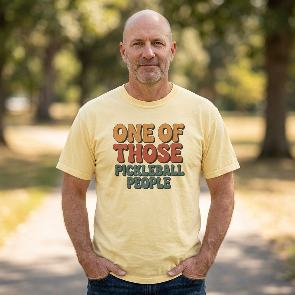 Man wearing a yellow t-shirt with 'ONE OF THOSE PICKLEBALL PEOPLE' text in an outdoor setting.