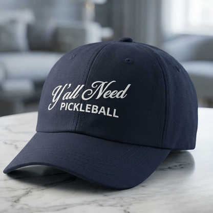 Navy blue pickleball cap with 'Y'all Need Pickleball' embroidered text
