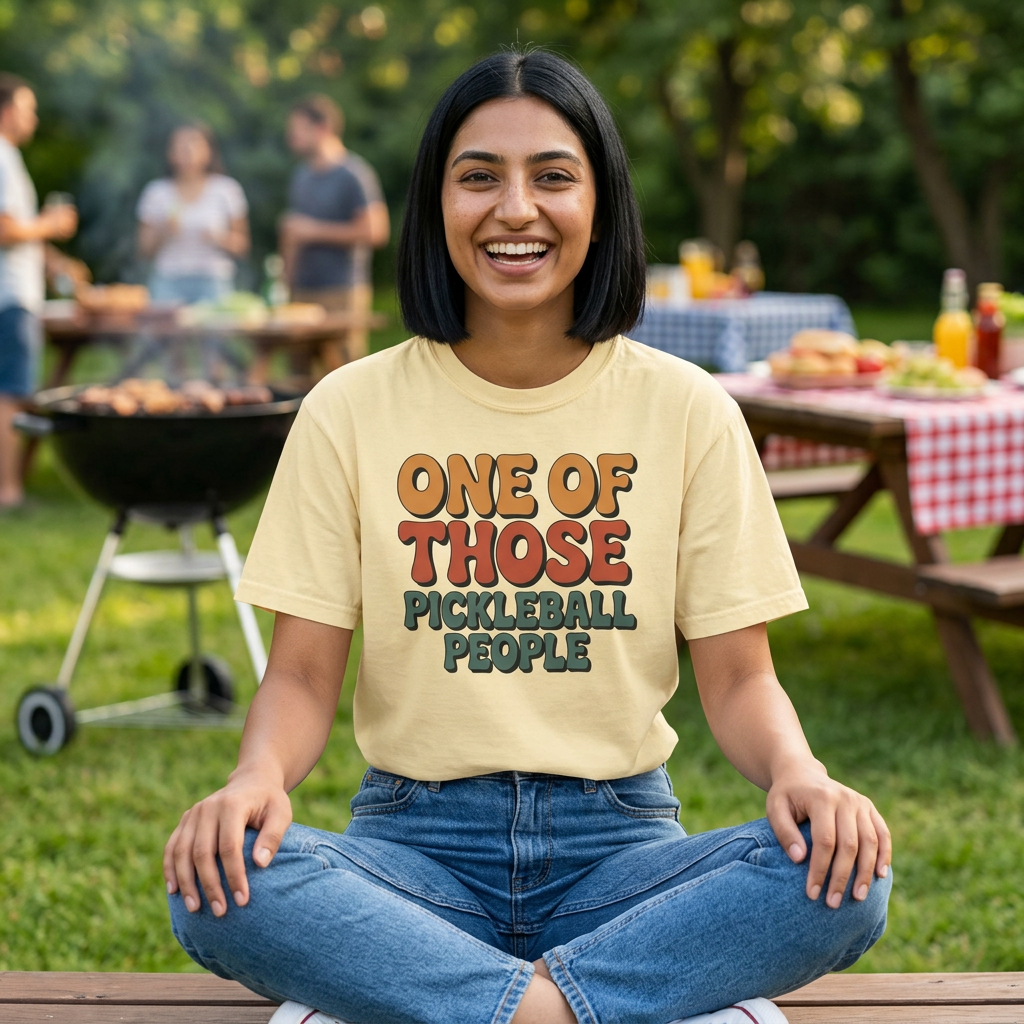 Woman wearing a 'One of Those Pickleball People' shirt sitting outdoors at a picnic.