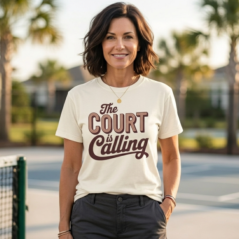 Woman wearing a 'The Court is Calling' pickleball t-shirt on a pickleball court