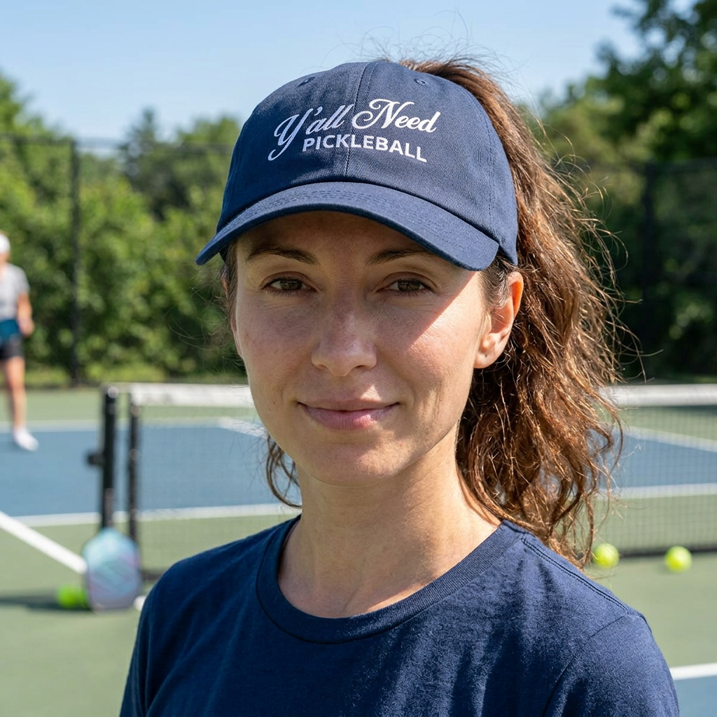 Woman wearing a blue cap with 'y'all Need Pickleball' text on a pickleball court