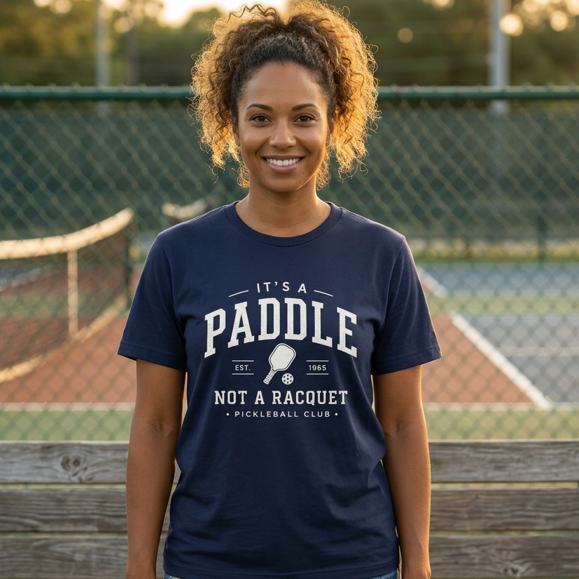 Woman wearing a navy blue pickleball t-shirt on a pickleball court