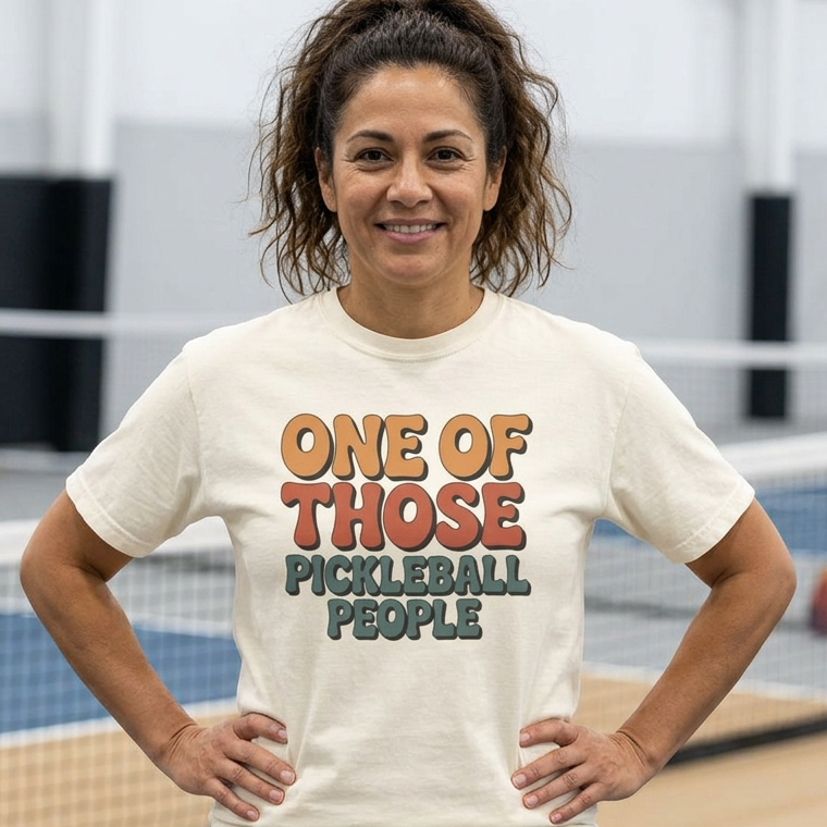 Woman wearing a t-shirt with 'One of Those Pickleball People' text on a pickleball court.