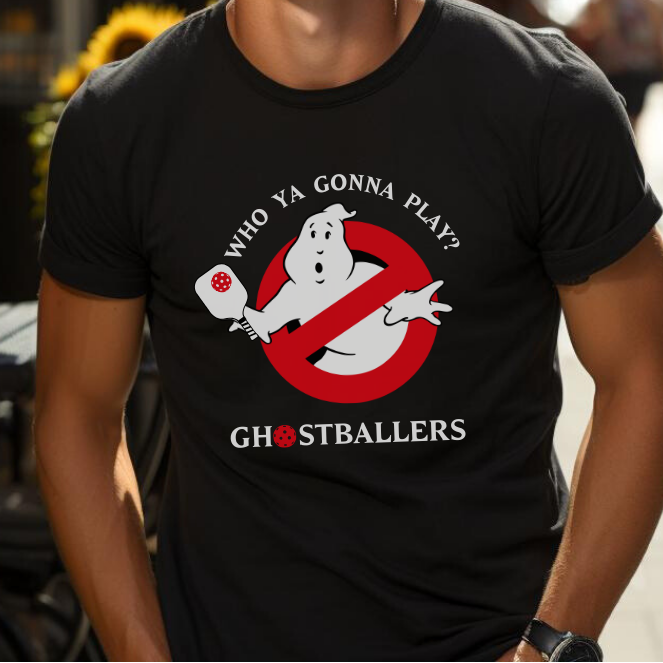 man wearing a black Ghostballers pickleball t-shirt
