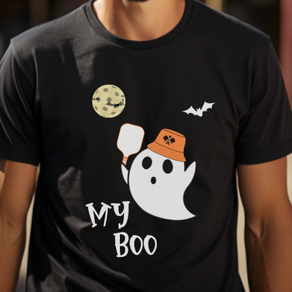man wearing a black halloween pickleball t-shirt that says my boo with a male ghost holding a pickleball paddle